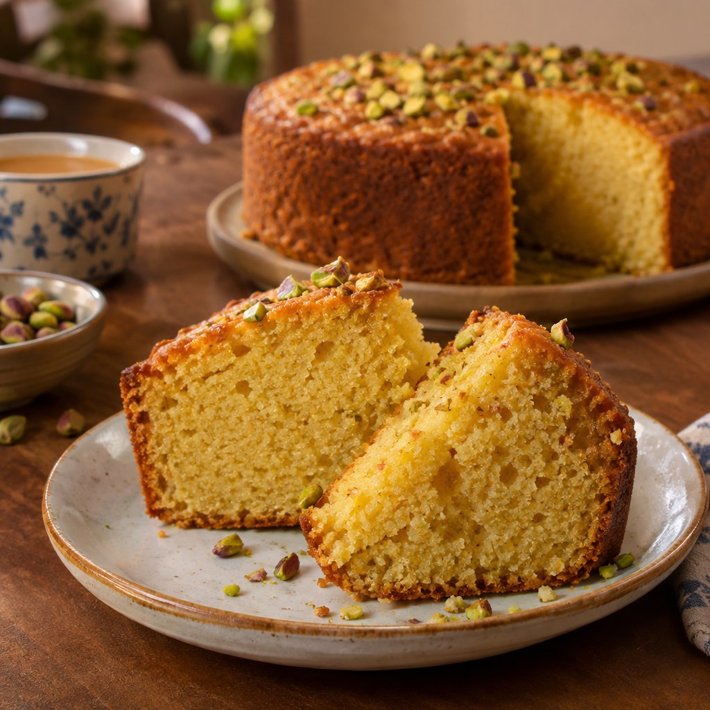 Slices of homemade golden cardamom mawa cake ready to serve with tea